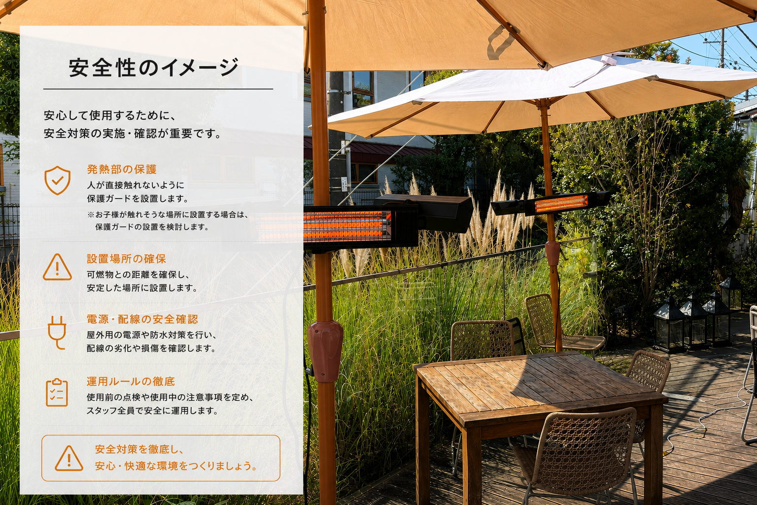 屋外暖房機の安全な設置と離隔距離のイメージ