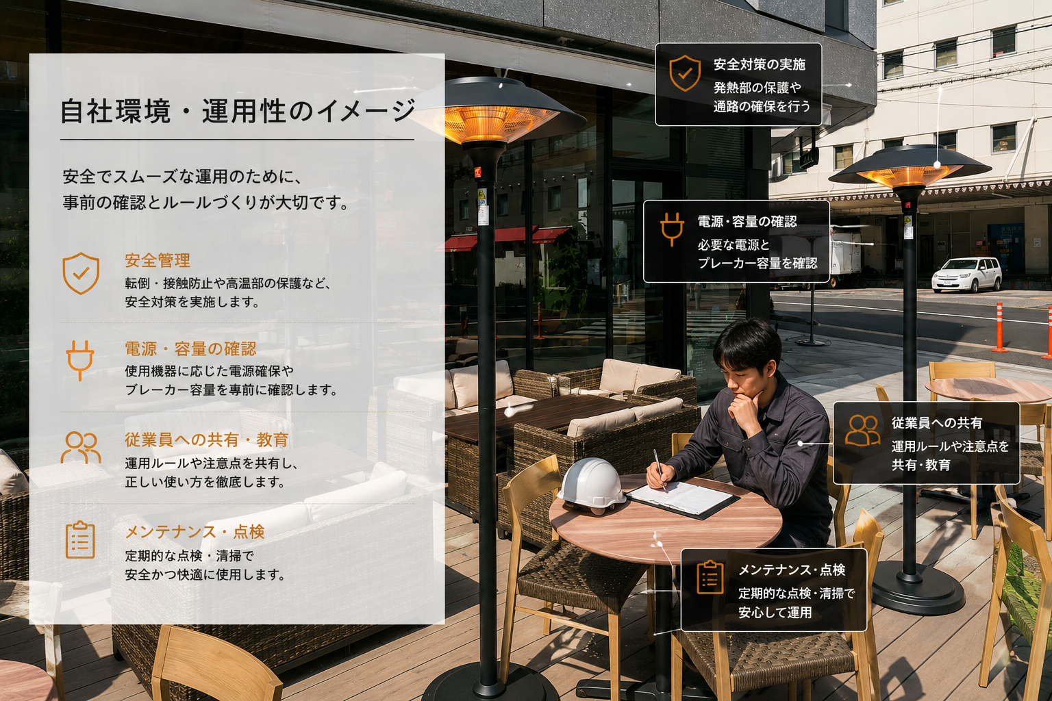 屋外暖房機の設置スペースと運用確認のイメージ